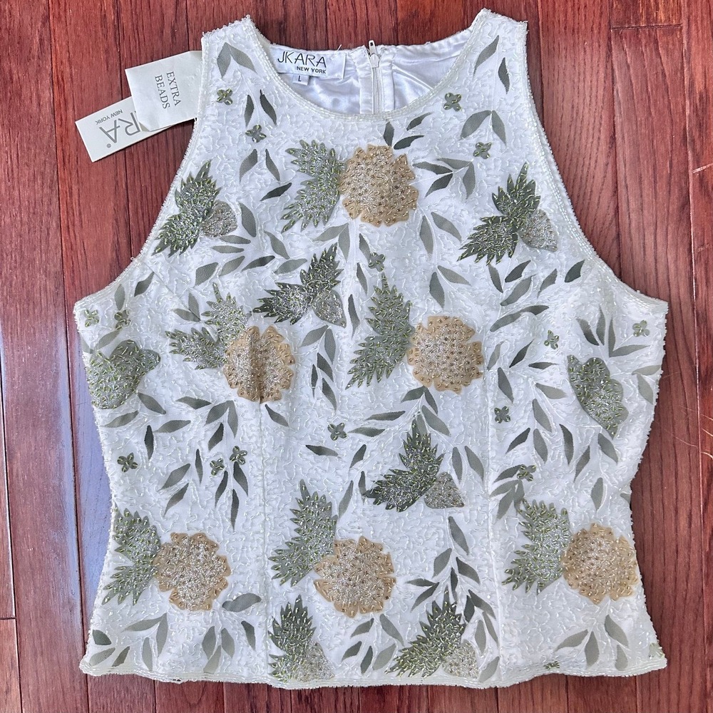 NWT Vintage 2000s JKARA White Floral Beaded Embellished Top Size Large